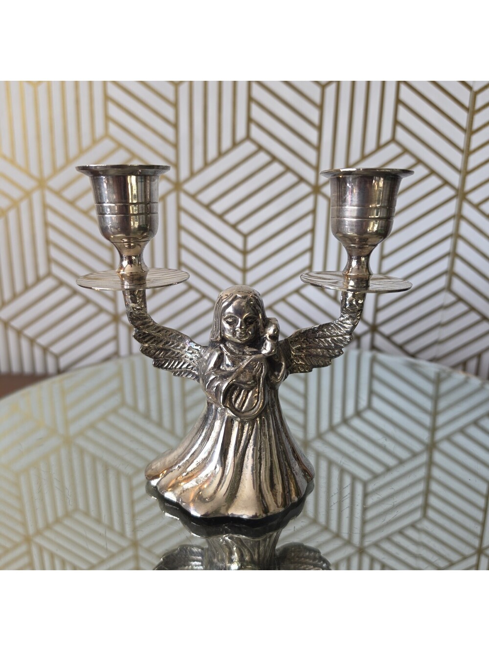 Vintage Silver Plated Angel Double Taper Candlestick Holder